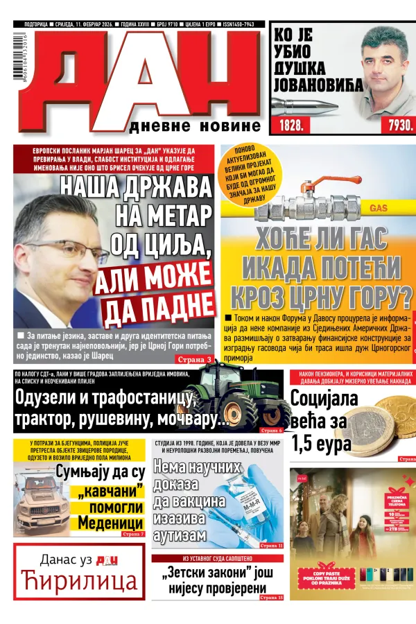 Naslovna strana "Dana" za 11. februar 2026.