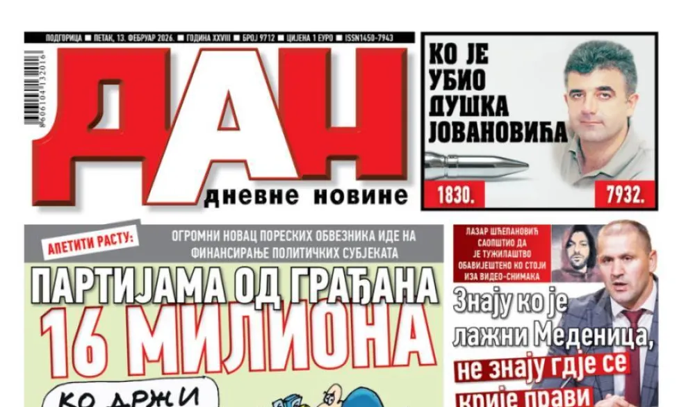 Naslovna strana "Dana" za 13. februar 2026