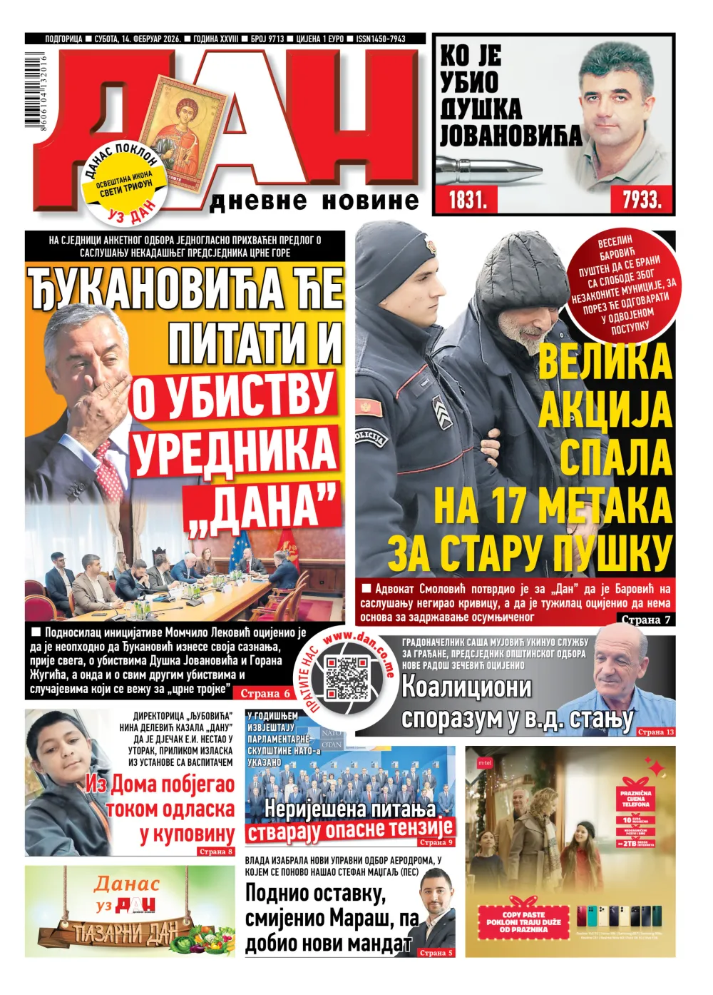 Naslovna strana "Dana" za 14. februar