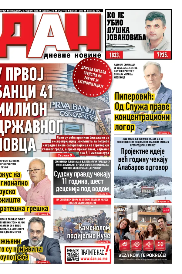 Naslovna strana "Dana" za 16. februar 2026