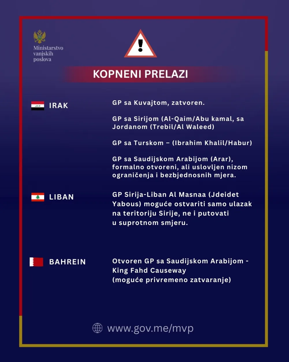 Ažurirani pregled ključnih servisnih informacija za države obuhvaćene bezbjednosnom eskalacijom