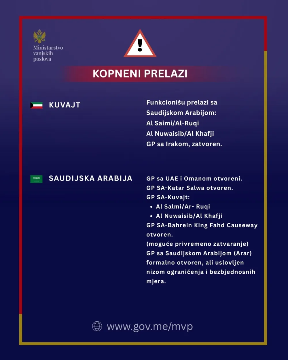 Ažurirani pregled ključnih servisnih informacija za države obuhvaćene bezbjednosnom eskalacijom