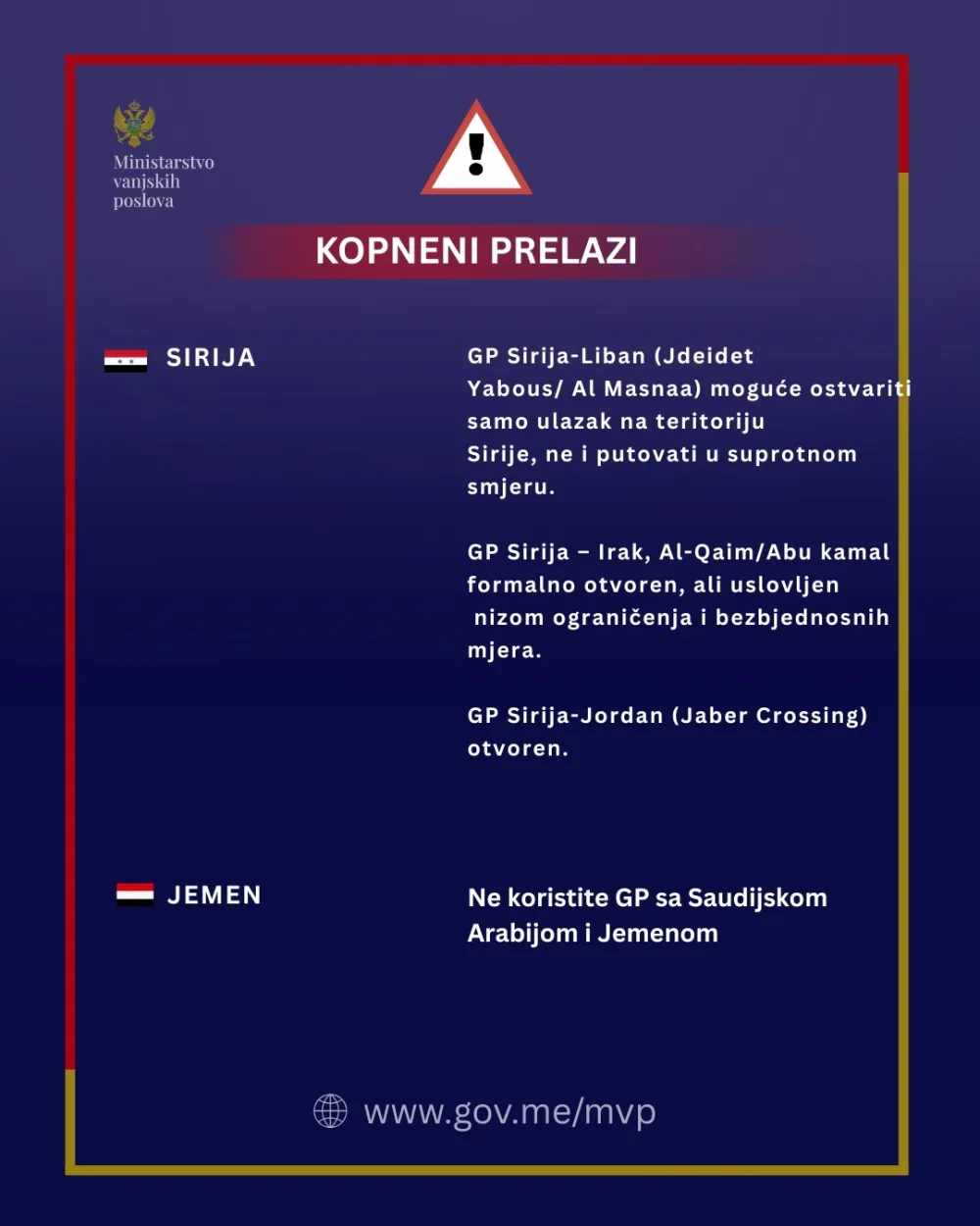 Ažurirani pregled ključnih servisnih informacija za države obuhvaćene bezbjednosnom eskalacijom