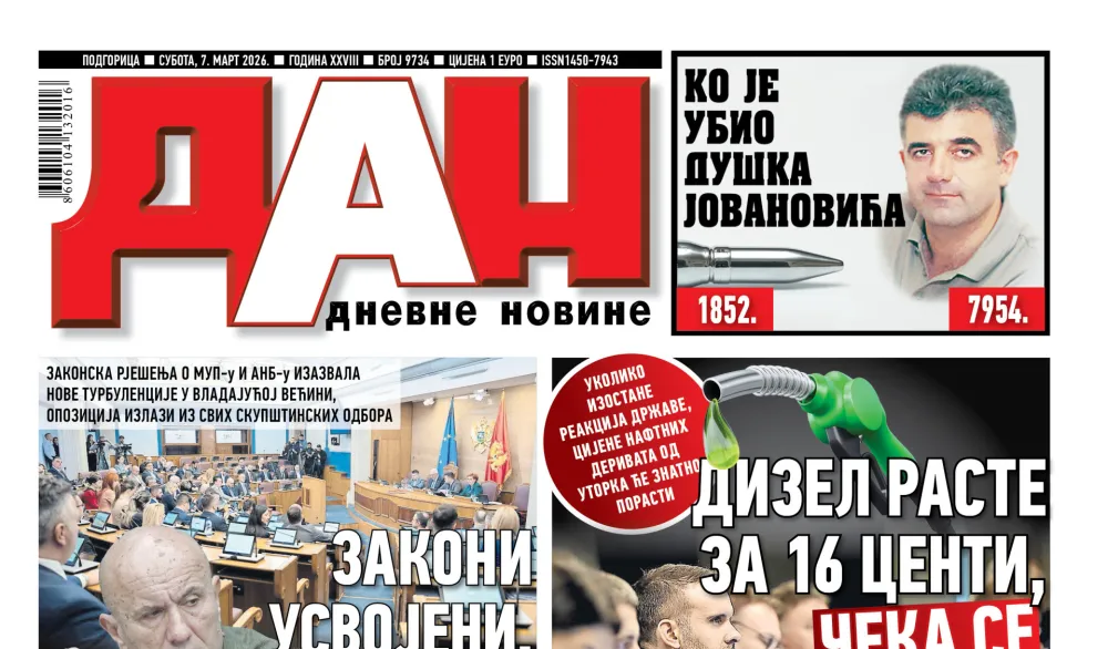 Naslovna strana "Dana" za 7. mart 2026