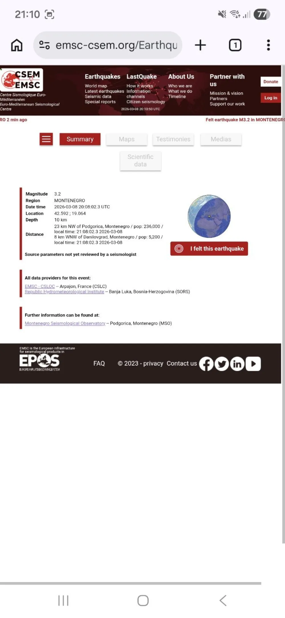 Zemljotres kod Danilovgrada, osjetio se i u Podgorici