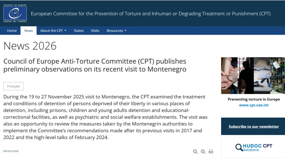 Savjet Evrope objavio preliminarna zapažanja: Pritvorenici u Crnoj Gori borave u nehumanim uslovima