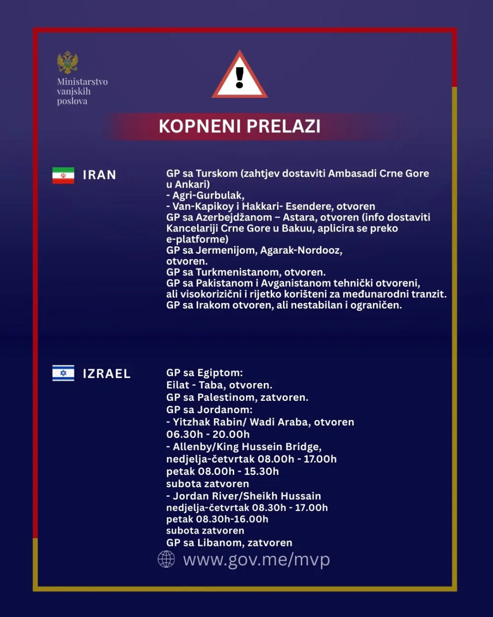 MVP ažurirao ključne informacije za države obuhvaćene eskalacijom na Bliskom istoku