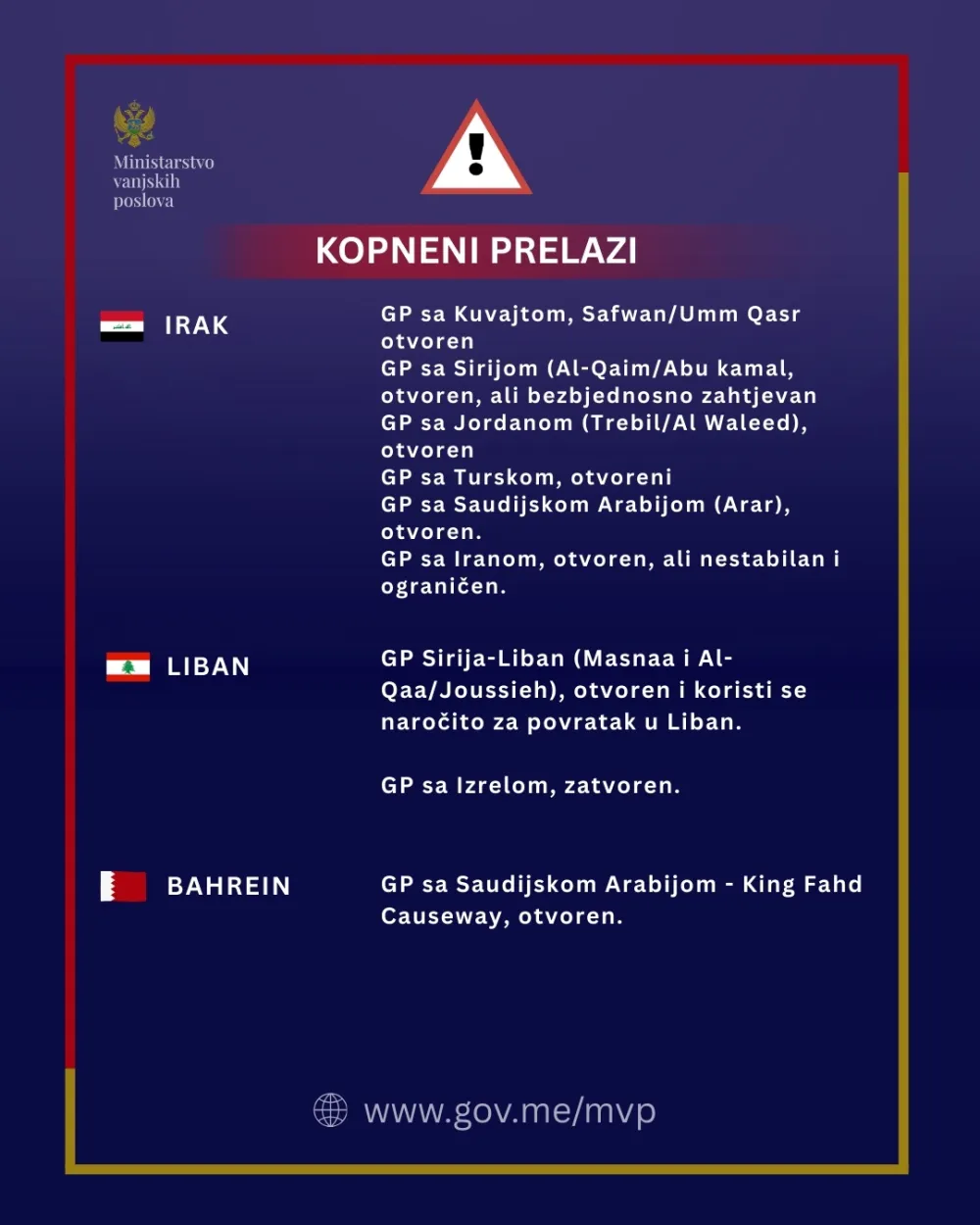 MVP ažurirao ključne informacije za države obuhvaćene eskalacijom na Bliskom istoku