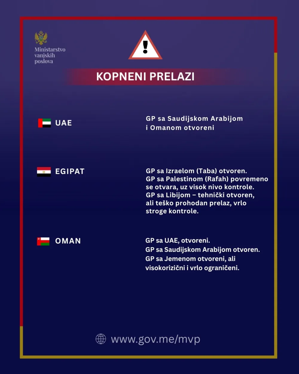 MVP ažurirao ključne informacije za države obuhvaćene eskalacijom na Bliskom istoku