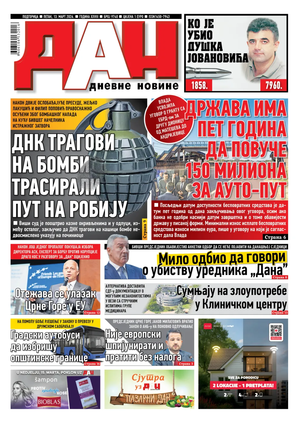 Naslovna strana "Dana" za 13. mart 2026