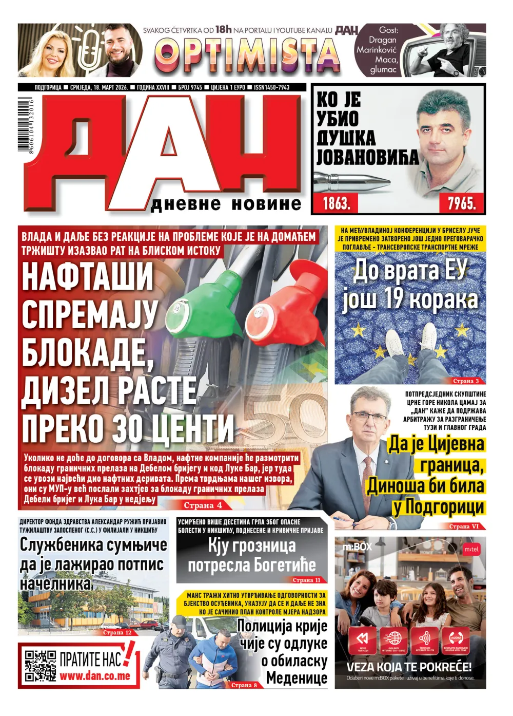 Naslovna strana "Dana" za 18. mart 2026
