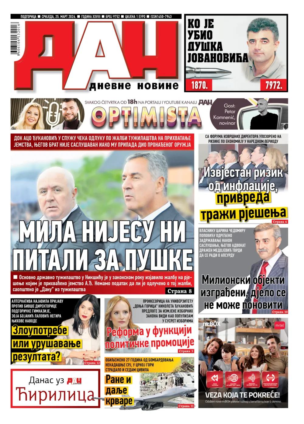 Naslovna strana "Dana" za 25. mart 2026