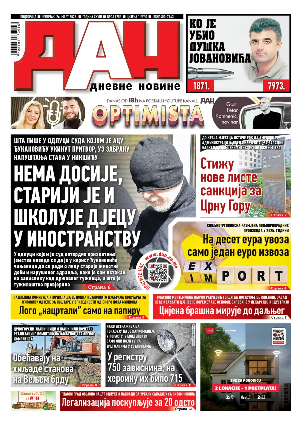 Naslovna strana Dana za 26. mart