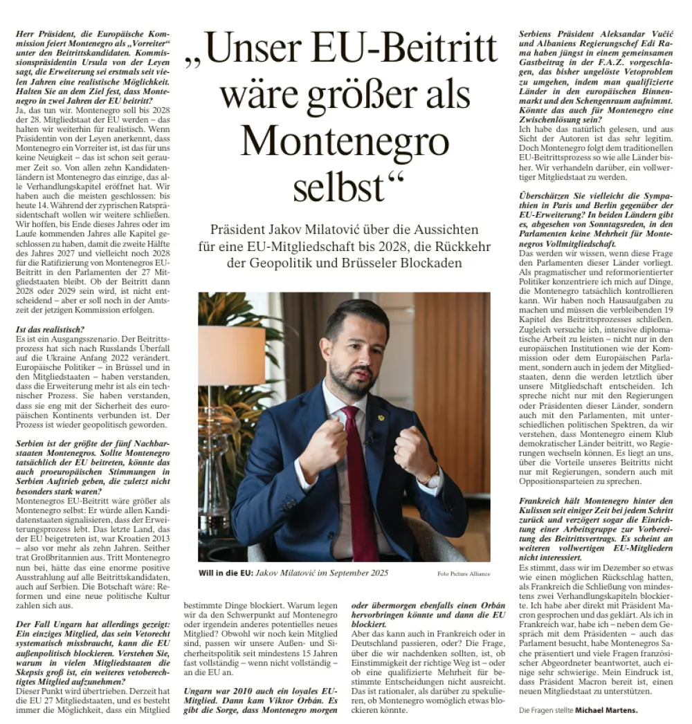 Milatović za FAZ: Ulazak Crne Gore u EU oživio bi pro&scaron;irenje