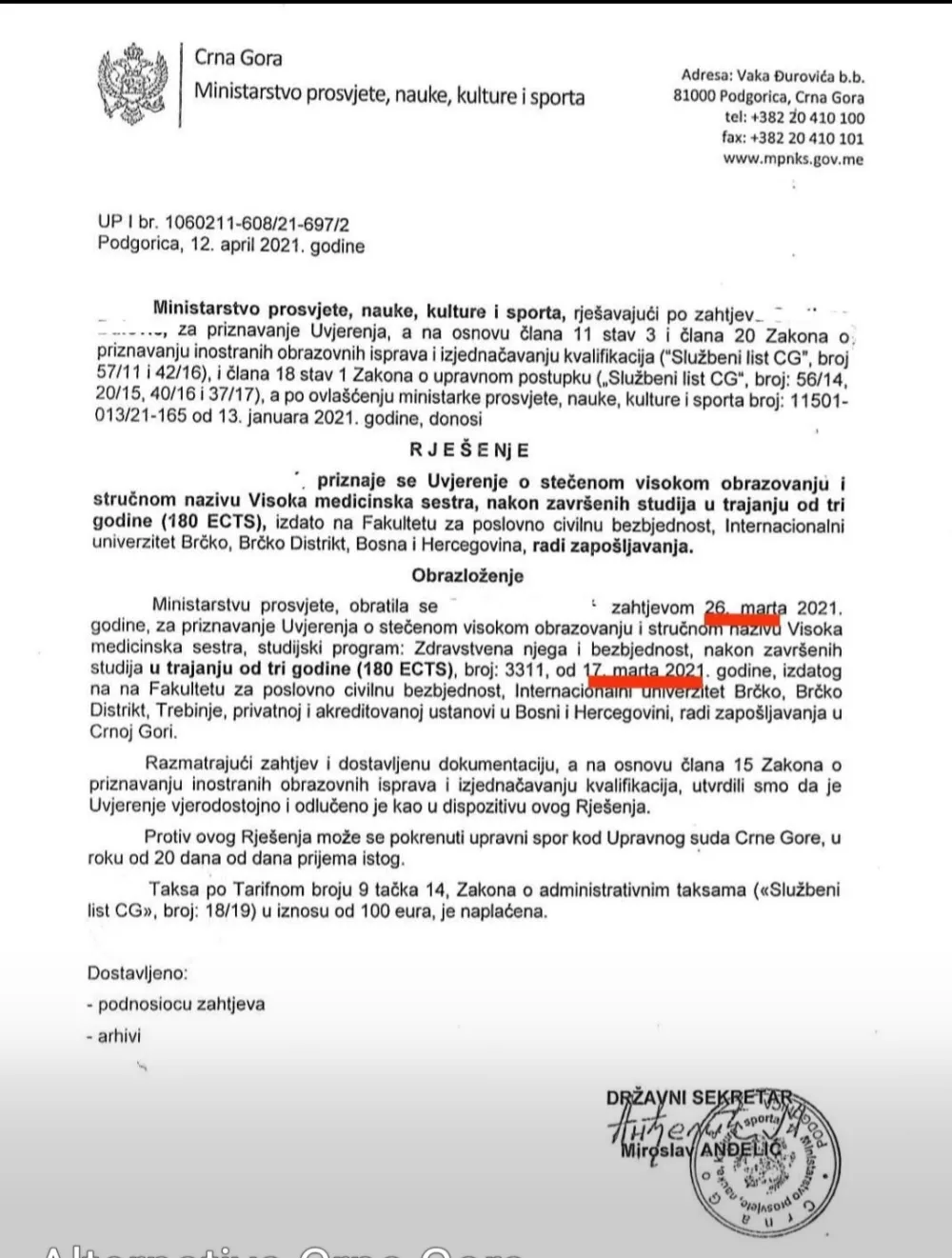 Glavnoj sestri u KCCG diploma priznata prije nego &scaron;to je diplomirala