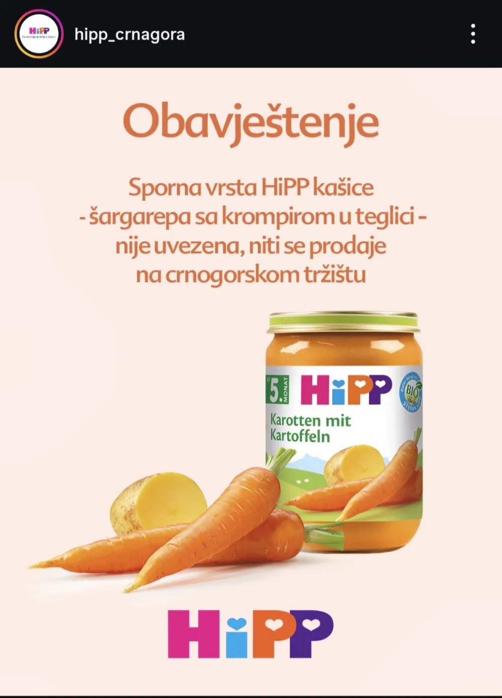 Hipp Crna Gora: Sporna vrsta ka&scaron;ice nije uvezena, niti se prodaje na crnogorskom trži&scaron;tu