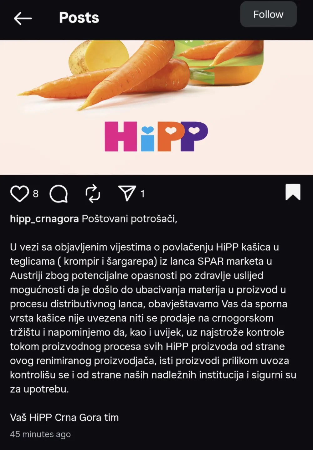 Hipp Crna Gora: Sporna vrsta ka&scaron;ice nije uvezena, niti se prodaje na crnogorskom trži&scaron;tu
