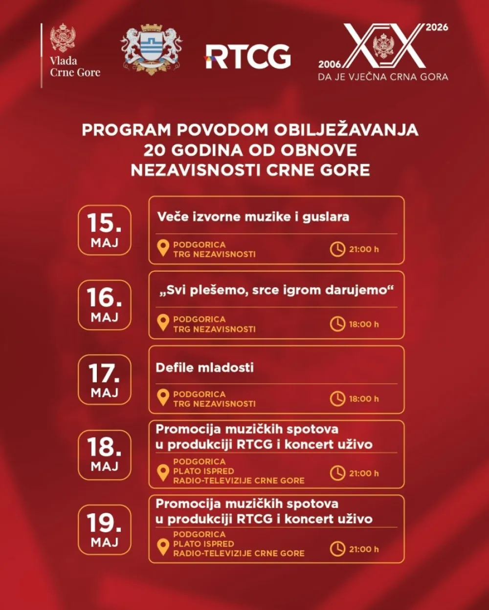 Pogledajte program povodom 20 godina od obnove nezavisnosti Crne Gore