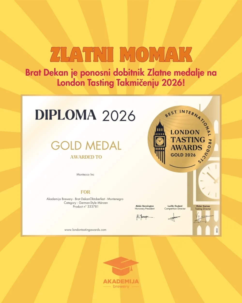 Brat Dekan osvojio zlatnu medalju na London Tasting Awards 2026