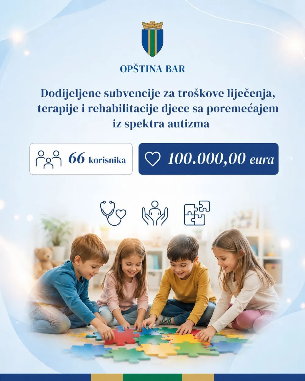 Op&scaron;tina Bar: Za liječenje, terapije i rehabilitaciju djece sa autizmom dodijeljeno 100 hiljada eura