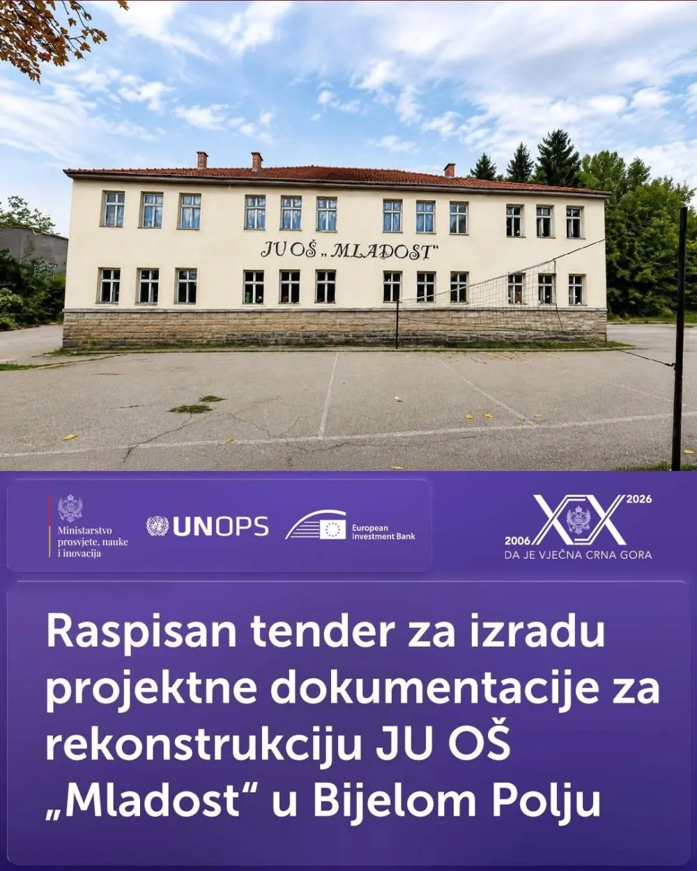 Raspisan tender za rekonstrukciju JU O&Scaron; &bdquo;Mladost&ldquo; u Bijelom Polju