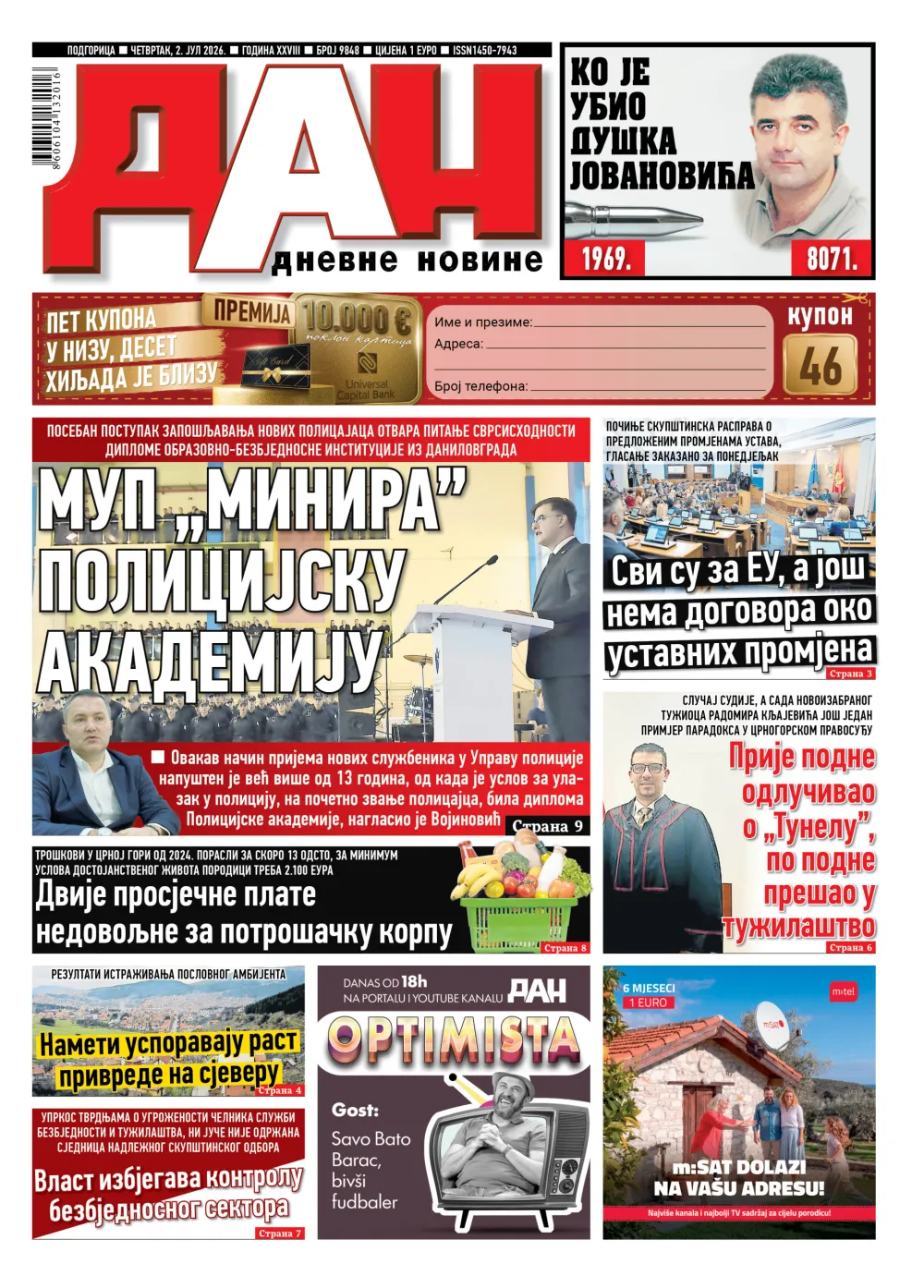 Naslovna strana "Dana" za 2. jul 2026