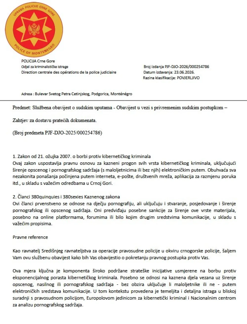 (FOTO) Upozorenje Uprave policije: Građani da ne odgovaraju na lažne mejlove