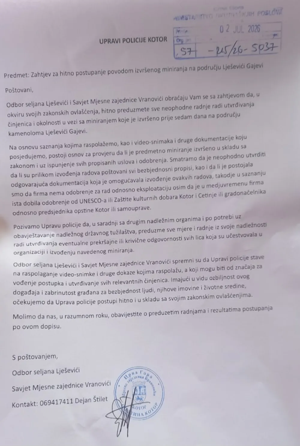 Obustaviti istraživanje i eksploataciju kamena&nbsp;na leži&scaron;tu Lje&scaron;evići Gajevi