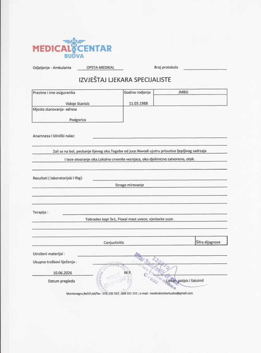Stani&scaron;ić demantuje Upravu policije: Medicinska dokumentacija nije falsifikovana