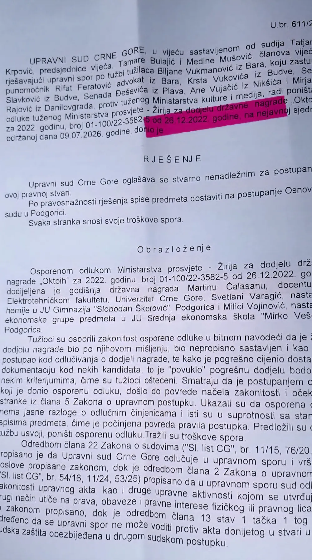 Sudu trebalo četiri godine da se proglasi nenadležnim u spornom slučaju dodjele nagrade "Oktoih"