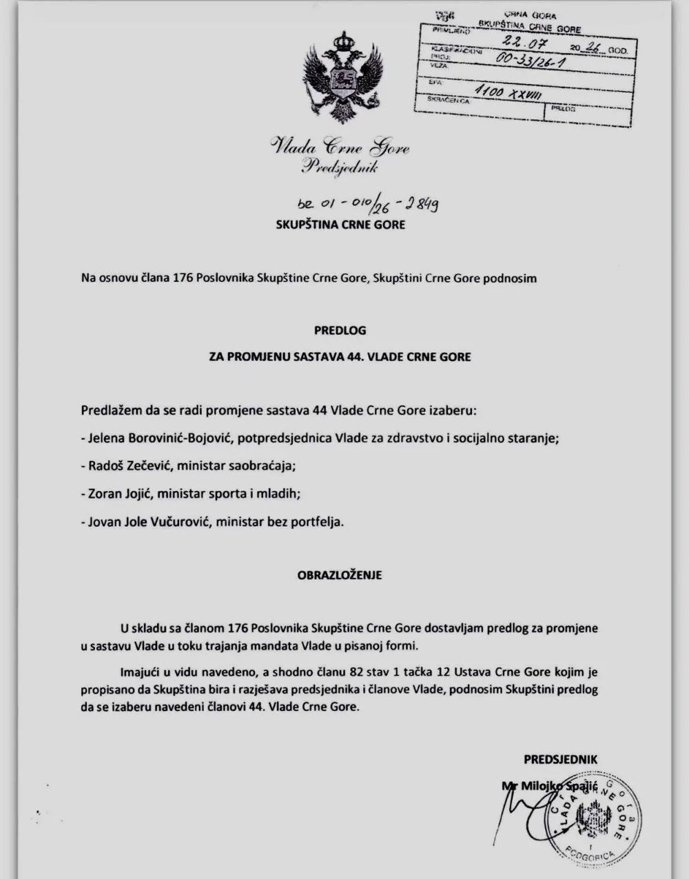 Spajić uputio predlog Skup&scaron;tini: Četiri nova imena u izvr&scaron;noj vlasti