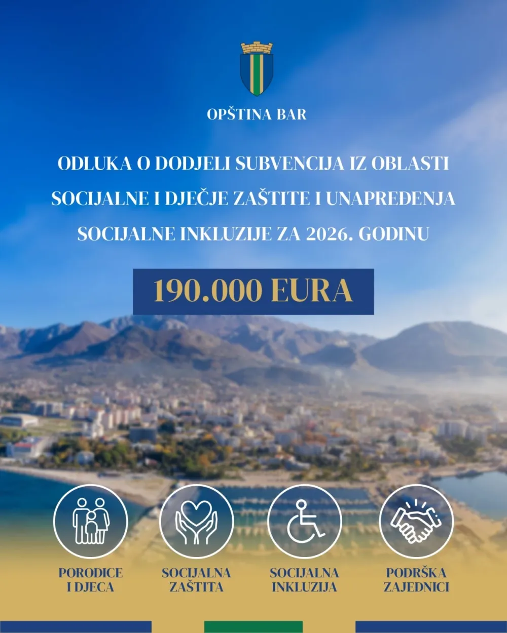Op&scaron;tina Bar: 190.000 eura za subvencije iz oblasti socijalne i dječije za&scaron;tite i unapređenja socijalne inkluzije