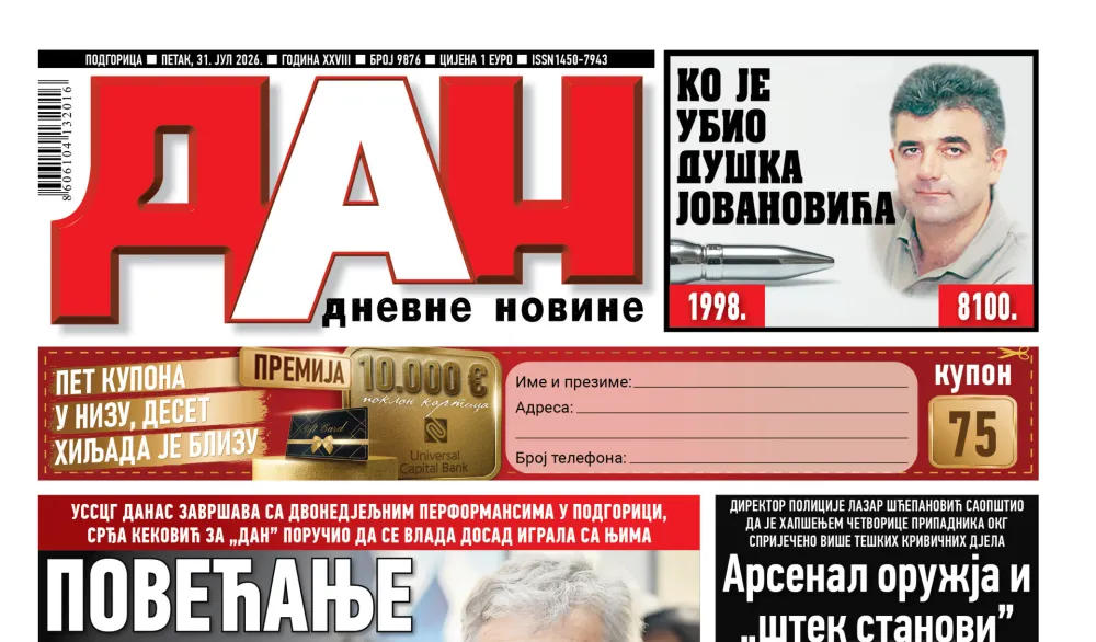 Naslovna strana "Dana" za 31. jul 2026