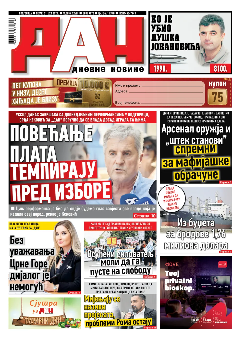 Naslovna strana "Dana" za 31. jul 2026