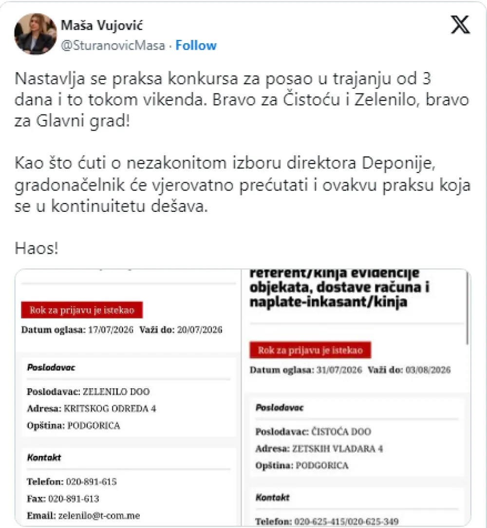 Vujović: Praksa konkursa za posao u trajanju od tri dana i to tokom vikenda se nastavlja