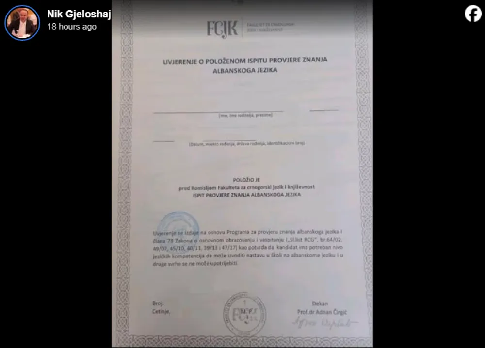 Đeljo&scaron;aj: Ovo je dokaz da je FCJK izdavao potvrde o poznavanju albanskog jezika