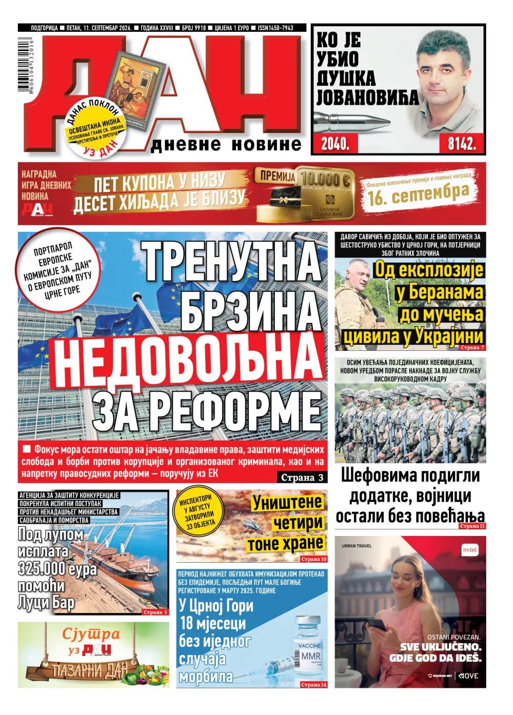 Naslovna strana "Dana" za 11. septembar