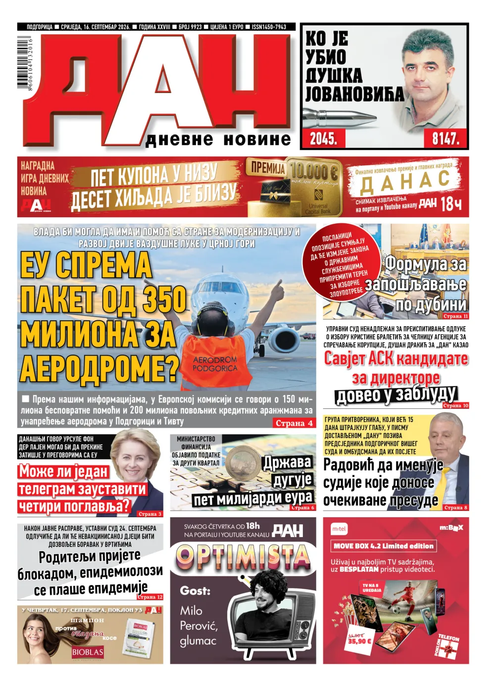 Naslovna strana "Dana" za 16. septembar